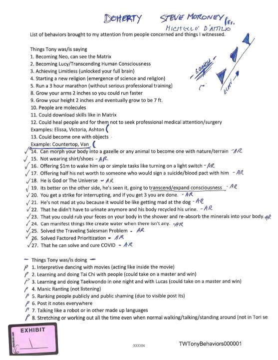 <em>Tony Hsieh asked his friend, Tyler Williams, to create this list of his concerning behaviors following Hsieh’s two-week stay in rehab. The line after item 13 indicates the separation of pre- and post-rehab behaviors, according to Williams. (KLAS)</em>