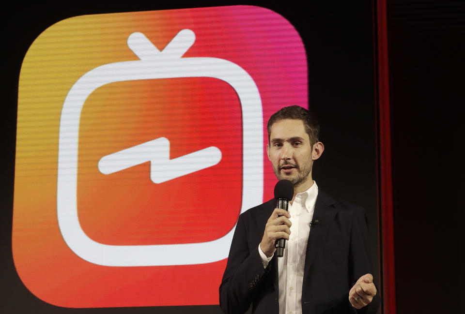 FILE – In this Tuesday, June 19, 2018, file photo, Kevin Systrom, CEO and co-founder of Instagram, prepares for an announcement about IGTV in San Francisco. (AP Photo/Jeff Chiu, File)