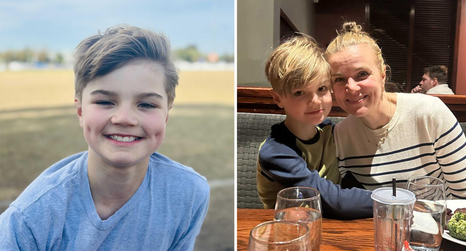 Left, a healthy nine-year-old Hugo now. Right, Hugo grown up with him mum Felicity at a restaurant. 