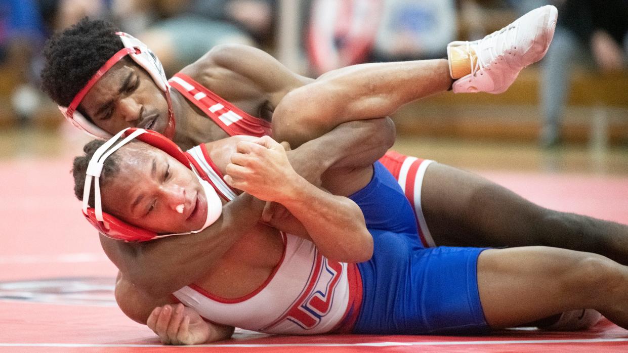 Delsea's Jamar Dixon Jr. controls Washington Township's Chaz Melton during the 144 lb. bout of the wrestling meet held at Delsea Regional High School in Franklinville on Wednesday, January 4, 2023.  Dixon defeated Melton, 16-1.  