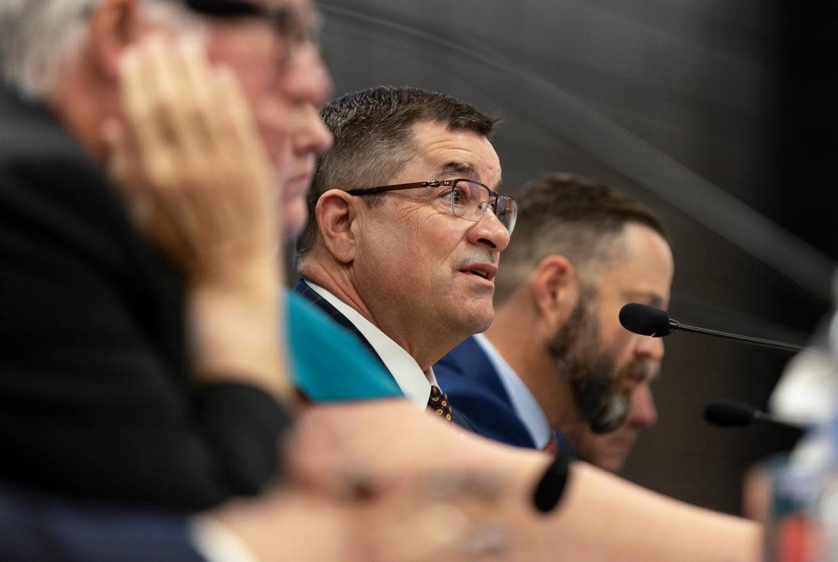 State Rep Ken King, R-Canadian, speaks during an investigative house committee hearing on the Texas Panhandle wildfires Tuesday, April 2, 2024 in Pampa. In late February, the largest wildfire in Texas history raged across the panhandle, burning just over a million acres.