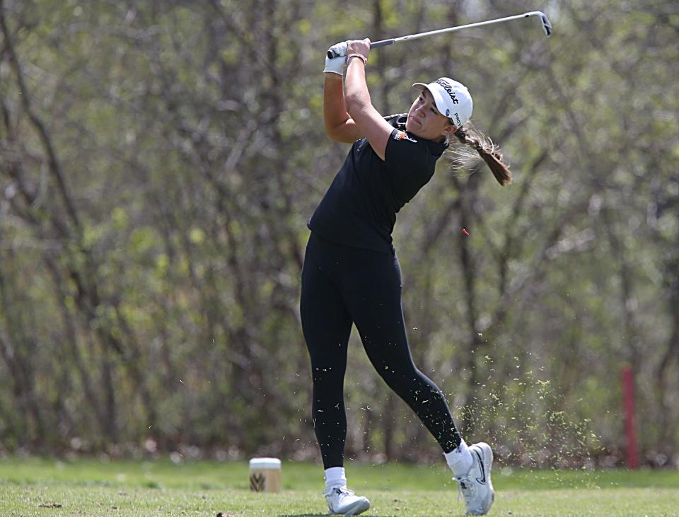 Emersen Motl, seen here competing at the 2023 Turk Bowman Invitational at the Veenker Memorial Golf Course in Ames, shot the lowest 18-hole score of the season for the Ames girls golf team during the Lamson Inviational April 15 at the Willow Creek Golf Course in Des Moines.