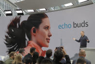 Dave Limp, senior vice president for Amazon devices & services, talks about Echo Buds, the tech company's new wireless earbuds product, Wednesday, Sept. 25, 2019, during an event in Seattle. (AP Photo/Ted S. Warren)