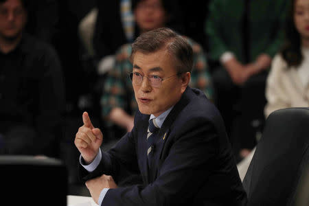 Moon Jae-in, the presidential candidate of the Democratic Party of Korea speaks during a televised debate in Goyang, South Korea, April 25, 2017. Picture taken on April 25, 2017. Yonhap via REUTERS