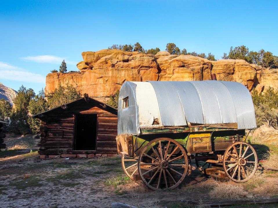 A homesteader's cabin and wagon in Echo Park.