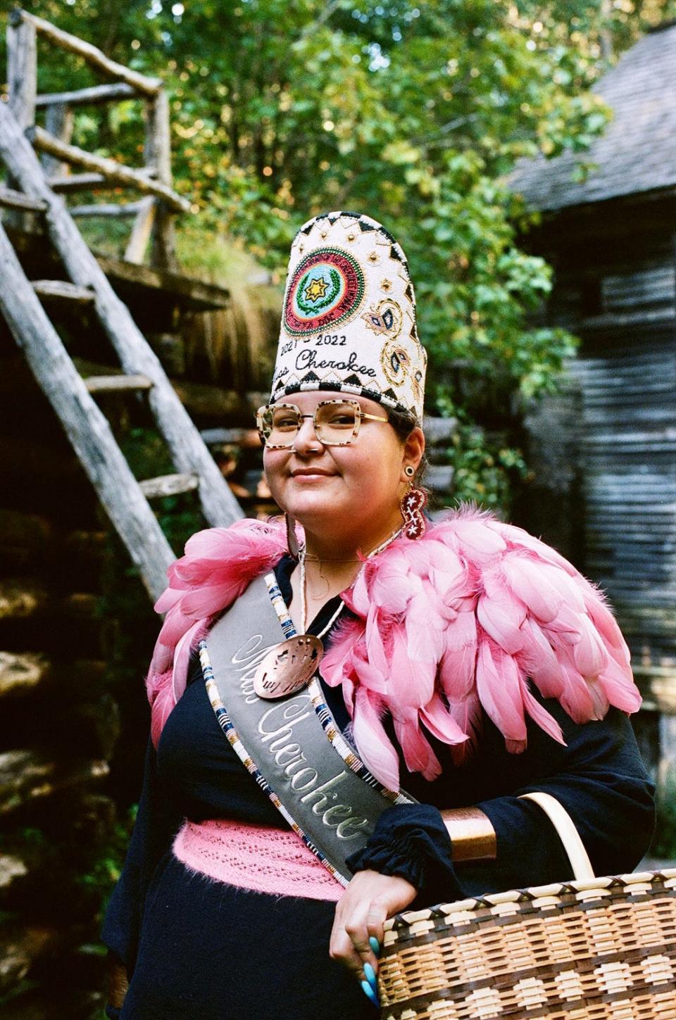 Museum of the Cherokee People Designer Tyra Maney (Eastern Band of Cherokee Indians, Diné), photographed during her reign as Miss Cherokee 2021–22. Maney ran on a platform of cultural revitalization, an interest that carries over into her design work.