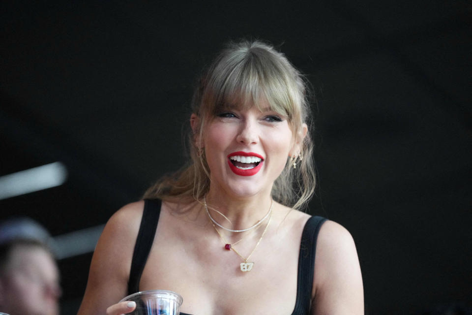 FILE PHOTO: Feb 11, 2024; Paradise, Nevada, USA;  Recording artist Taylor Swift, looks on before Super Bowl LVIII between Kansas City Chiefs and San Francisco 49ers at Allegiant Stadium. Mandatory Credit: Joe Camporeale-USA TODAY Sports/File Photo