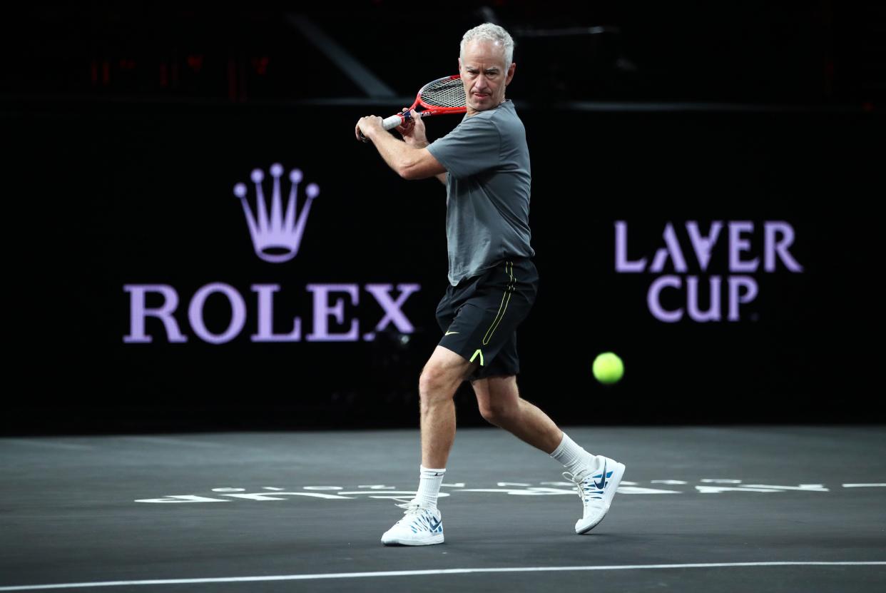 John McEnroe, Captain of Team World plays a backhand during a practice session on Day Two of the Laver Cup 2019 at Palexpo on September 21, 2019 in Geneva, Switzerland.