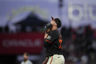 San Francisco Giants' Luke Jackson reacts after pitching against the Pittsburgh Pirates in the seventh inning of a baseball game Saturday, April 27, 2024, in San Francisco. (AP Photo/Godofredo A. Vásquez)