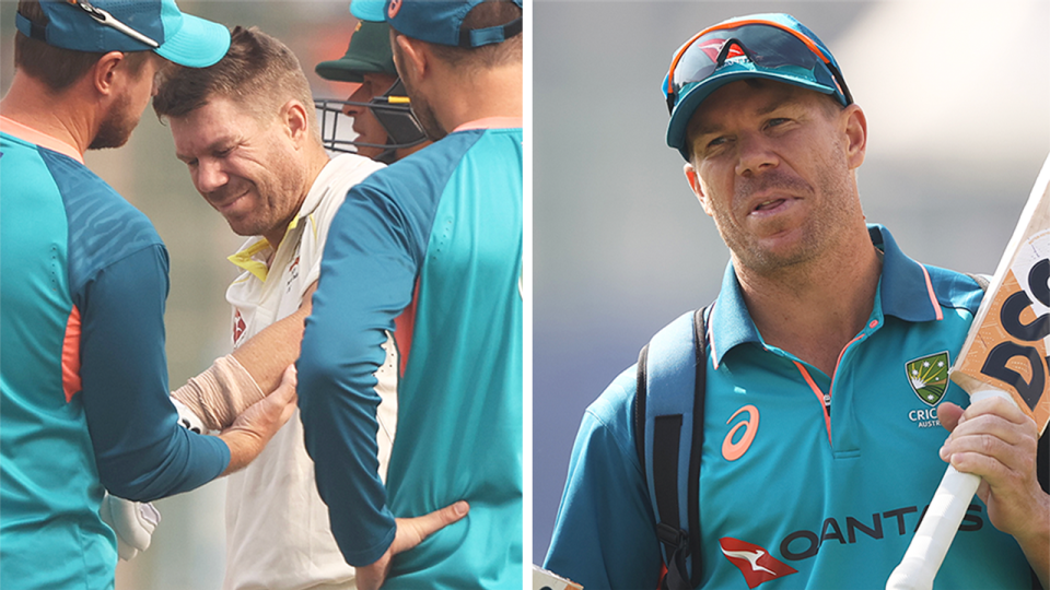 David Warner (pictured right) is set to return home from India after sustaining a fractured elbow in the second Test match. (Getty Images)