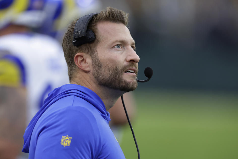 Los Angeles Rams head coach Sean McVay looks on during the first half of an NFL football game against the Green Bay Packers, Sunday, Nov. 5, 2023, in Green Bay, Wis. (AP Photo/Matt Ludtke)