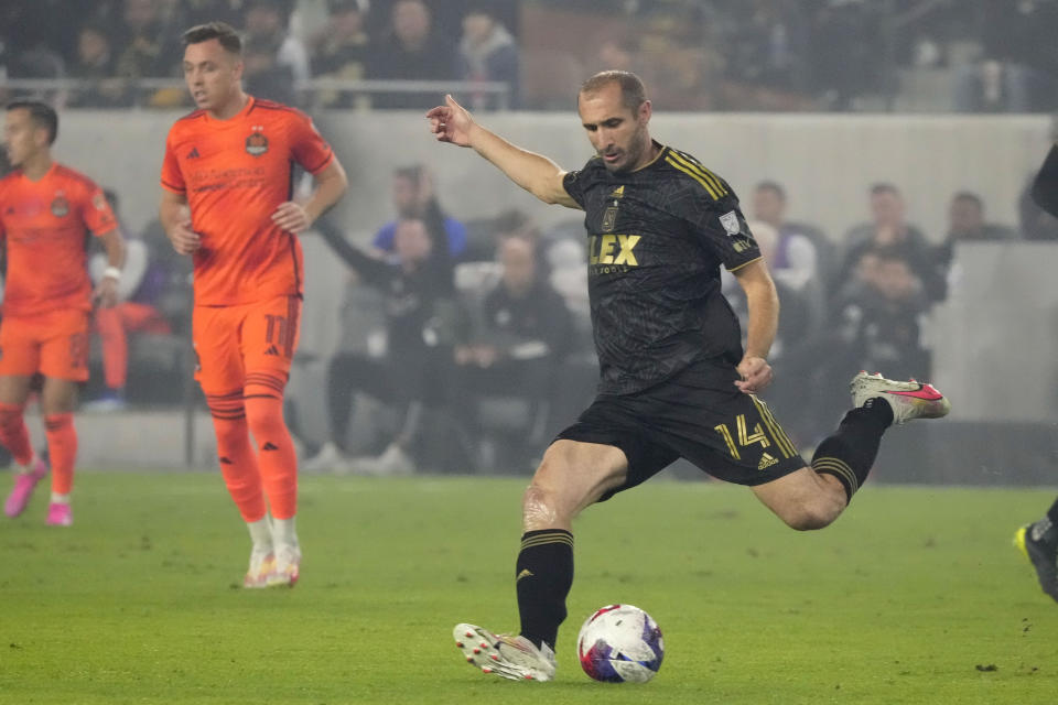 Los Angeles FC defender Giorgio Chiellini clears the ball during the first half in the MLS playoff Western Conference final soccer match against Houston Dynamo, Saturday, Dec. 2, 2023, in Los Angeles. (AP Photo/Marcio Jose Sanchez)