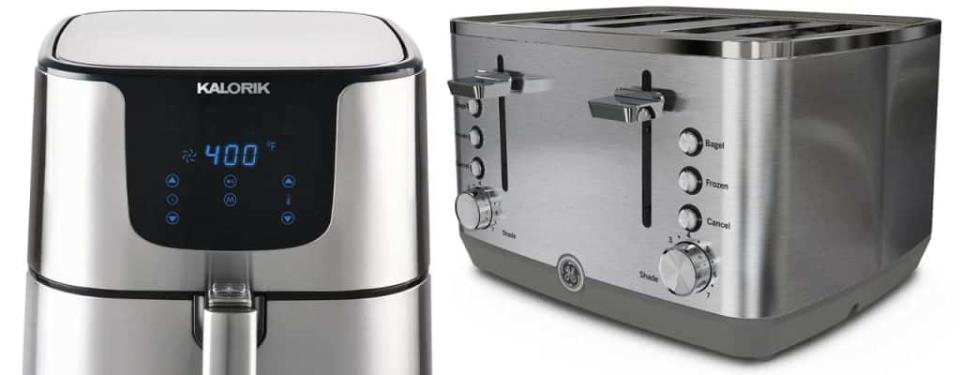 air fryer and toaster in stainless steel colors on white background