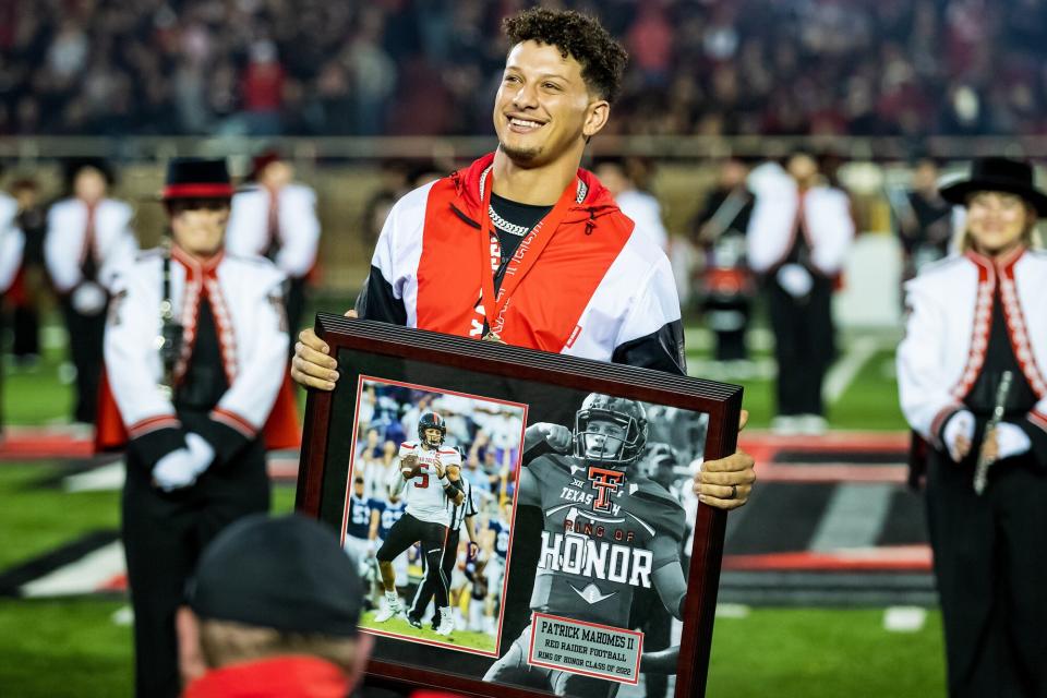 Patrick Mahomes is honored during halftime of the game between the Texas Tech Red Raiders and the Baylor Bears at Jones AT&T Stadium on October 29, 2022 in Lubbock, Texas.