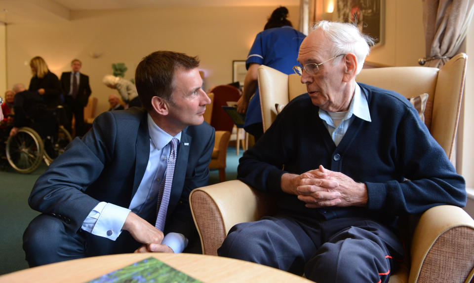 Health Secretary Jeremy Hunt meets Chelsea Pensioners (names not given) at the Royal Chelsea Hospital where he opened the new Campbell Ward, a new dementia ward.
