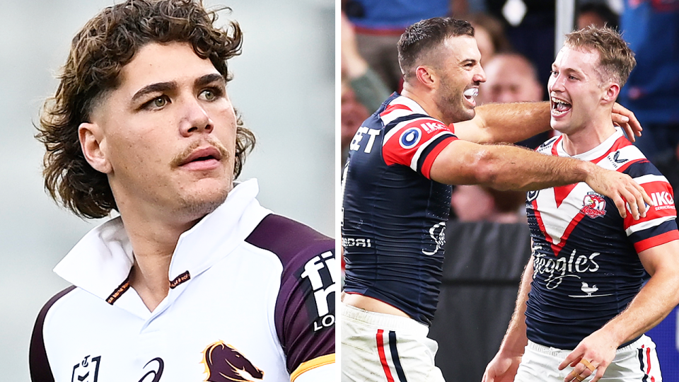 Reece Walsh reacts during a game and James Tedesco embraces Sam Walker.