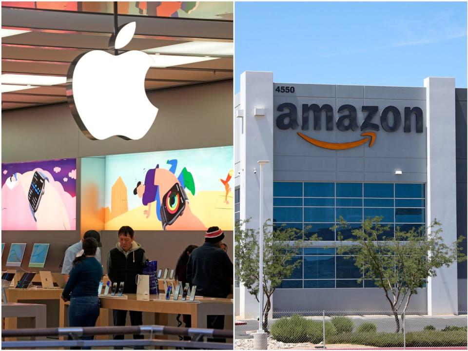 Workers at big tech companies like Apple (left), Amazon, and Meta may be leaving after two years because of workplace dissatisfaction. 