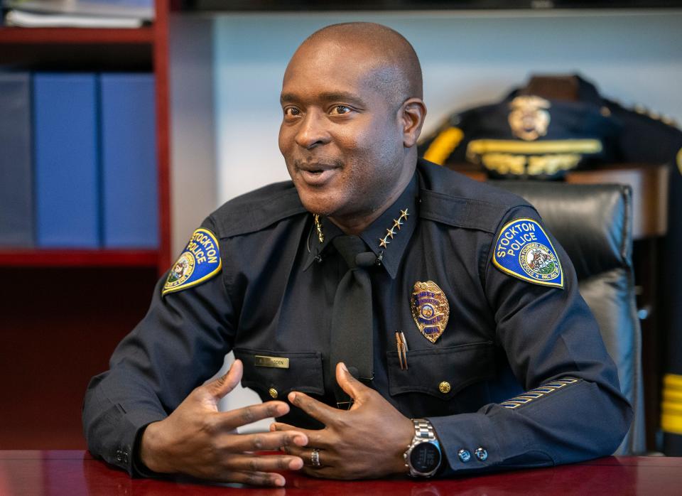 Stockton Police Chief Stanley McFadden holds a press conference at his office in downtown Stockton Wednesday, Sept. 28, 2022, to address the recent number of homicides in the city.