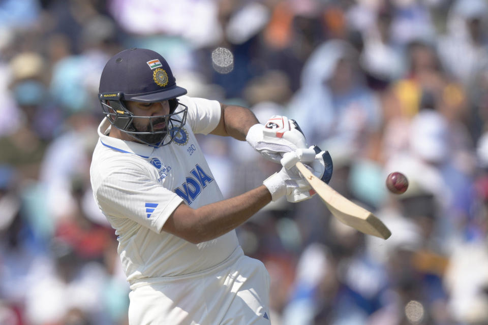 India's Rohit Sharma plays a shot on the fourth day of the ICC World Test Championship Final between India and Australia at The Oval cricket ground in London, Saturday, June 10, 2023. (AP Photo/Kirsty Wigglesworth)