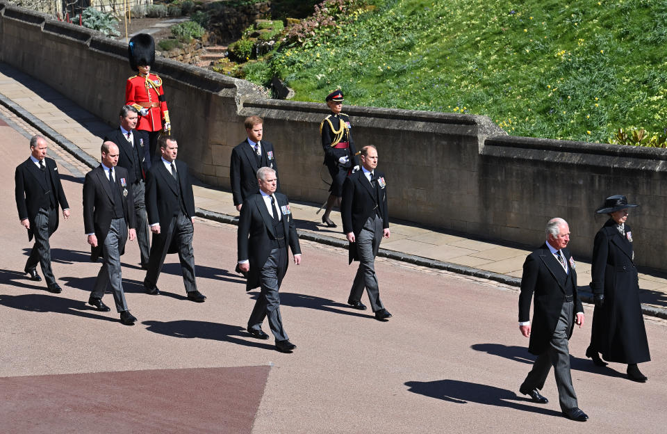 WINDSOR, UNITED KINGDOM - APRIL 17: (EMBARGOED FOR PUBLICATION IN UK NEWSPAPERS UNTIL 24 HOURS AFTER CREATE DATE AND TIME) Prince Charles, Prince of Wales, Princess Anne, Princess Royal, Prince Andrew, Duke of York, Prince Edward, Earl of Wessex, Prince William, Duke of Cambridge, Peter Phillips, Prince Harry, Duke of Sussex, David Armstrong-Jones, 2nd Earl of Snowdon and Vice Admiral Sir Timothy Laurence take part in Prince Philip, Duke of Edinburgh's funeral procession to St. George's Chapel, Windsor Castle on April 17, 2021 in Windsor, England. Prince Philip of Greece and Denmark was born 10 June 1921, in Greece. He served in the British Royal Navy and fought in WWII. He married the then Princess Elizabeth on 20 November 1947 and was created Duke of Edinburgh, Earl of Merioneth, and Baron Greenwich by King VI. He served as Prince Consort to Queen Elizabeth II until his death on April 9 2021, months short of his 100th birthday. His funeral takes place today at Windsor Castle with only 30 guests invited due to Coronavirus pandemic restrictions. (Photo by Pool/Max Mumby/Getty Images)