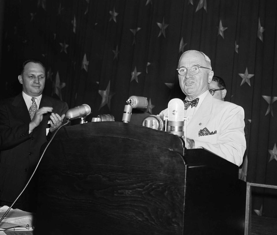 President Truman speaks before the annual convention of the American Newspaper Guild in Washington on June 28, 1950. (Photo: Henry Griffin/AP)