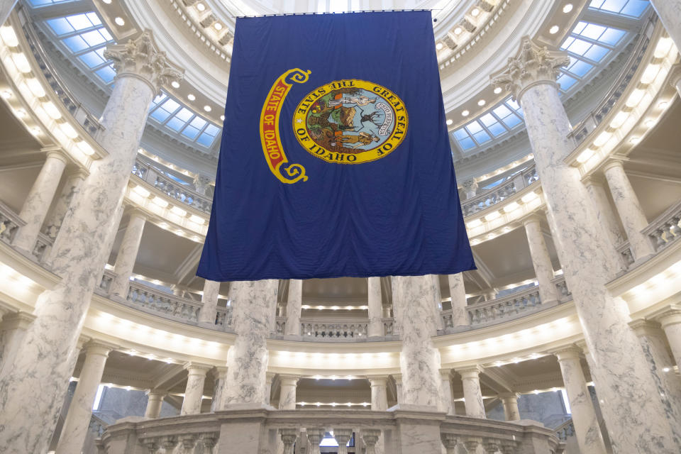 FILE - The Idaho state flag hangs in the State Capitol in Boise, Idaho, Jan. 9, 2023. The Idaho Senate is expected to take a final vote on Monday, March 18, 2024, on a bill that would prohibit transgender and nonbinary Idahoans enrolled in Medicaid, or state employees enrolled in the state's insurance plan, from obtaining gender-affirming care. (AP Photo/Kyle Green, File)