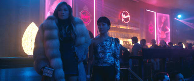 Ramona in a Marc Kaufman Furs coat and The Blonds dress and carrying a Judith Leiber clutch. Destiny in a bebe top and vintage leather pants. Photo: <em>Courtesy of </em><em>STXfilms</em>