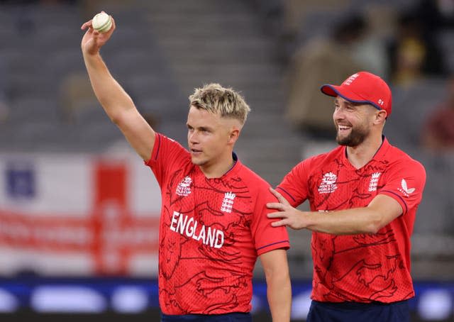 England bowler Sam Curran celebrates taking a fifth wicket in the victory over Afghanistan in Perth (PA).