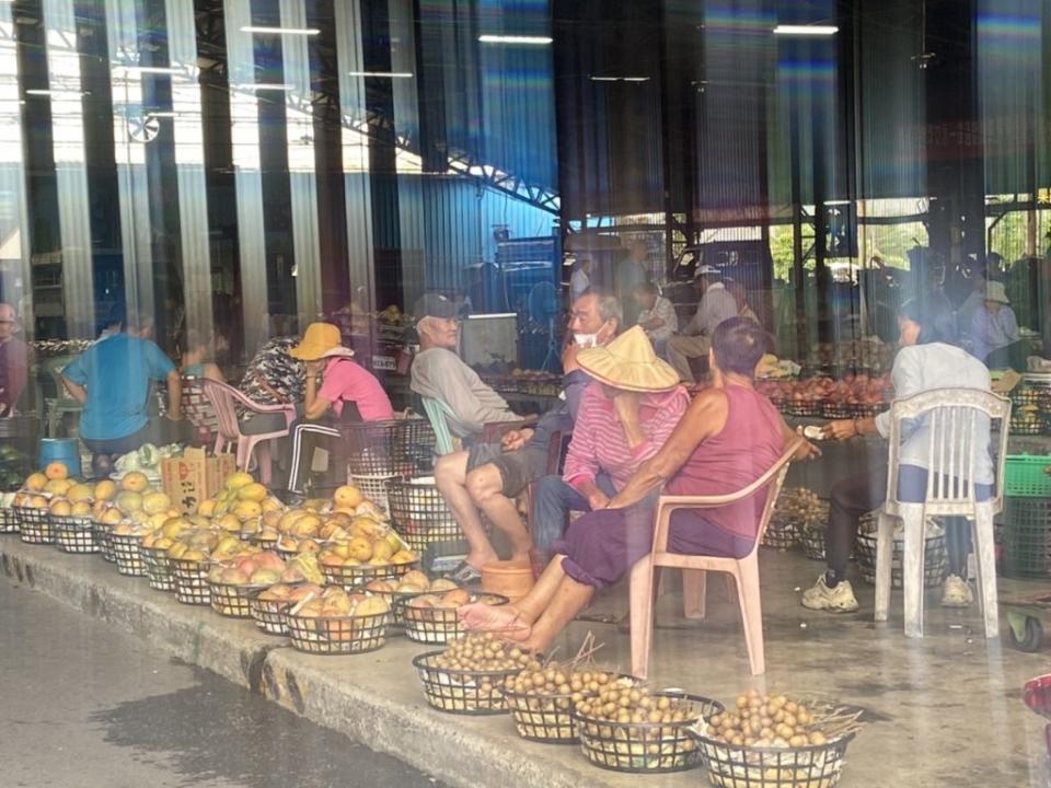 玉井芒果市場颱風天仍有不少果農載運芒果到場販售，市場冷冷清清。（記者張淑娟攝）