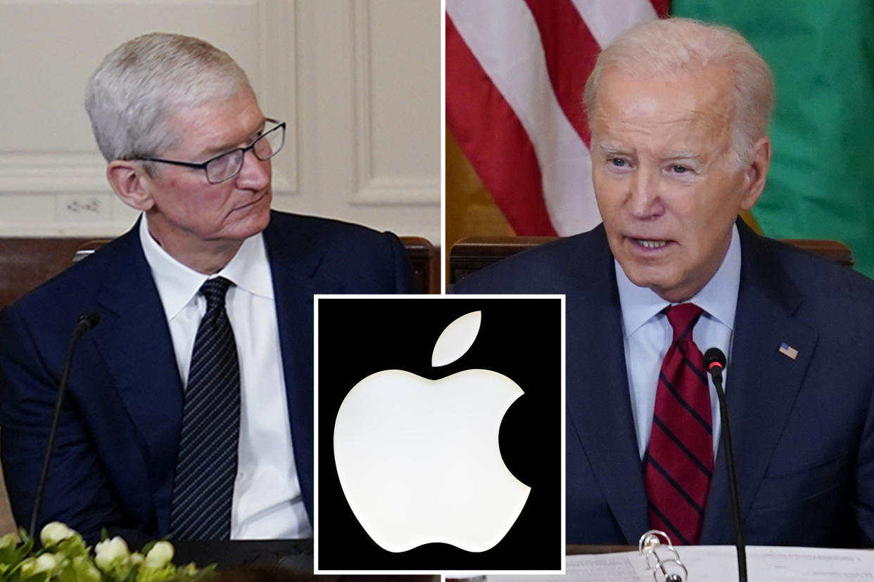 Tim Cook, President Biden and Apple logo