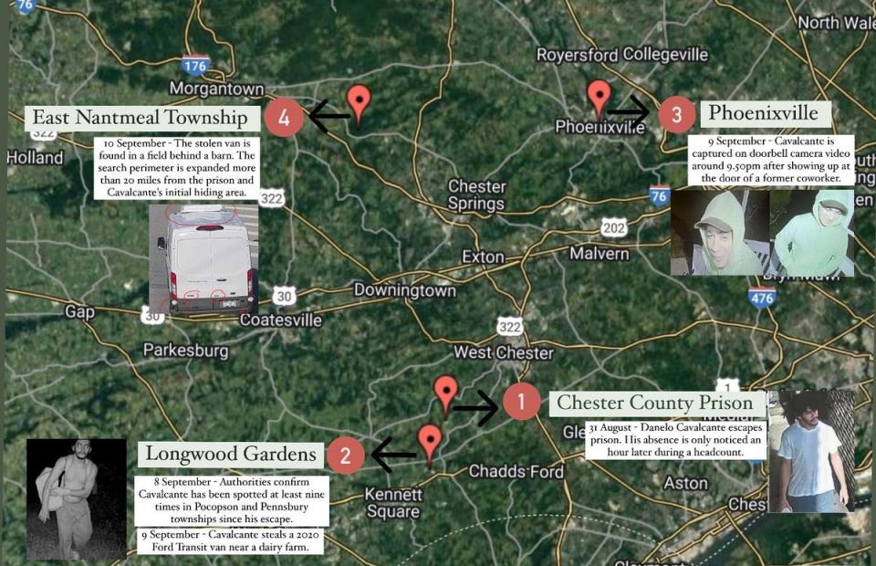 Cavalcante has managed to sneak past the initial search perimeter established by law enforcement (Chester County DA/Google Maps/Indy composite)