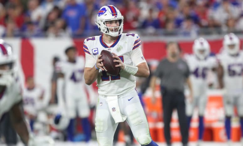 Bills quarterback Josh Allen on the field.