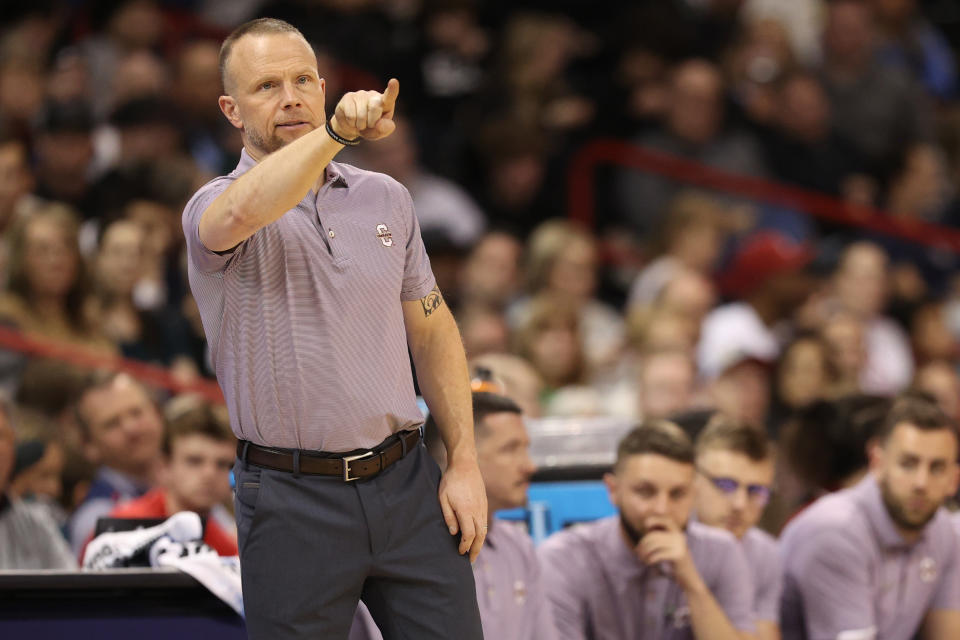 SPOKANE, WASHINGTON - MARCH 22: Head coach Pat Kelsey of the Charleston Cougars gestures against the Alabama Crimson Tide during the second half in the first round of the NCAA Men's Basketball Tournament at Spokane Veterans Memorial Arena on March 22, 2024 in Spokane, Washington. (Photo by Steph Chambers/Getty Images)