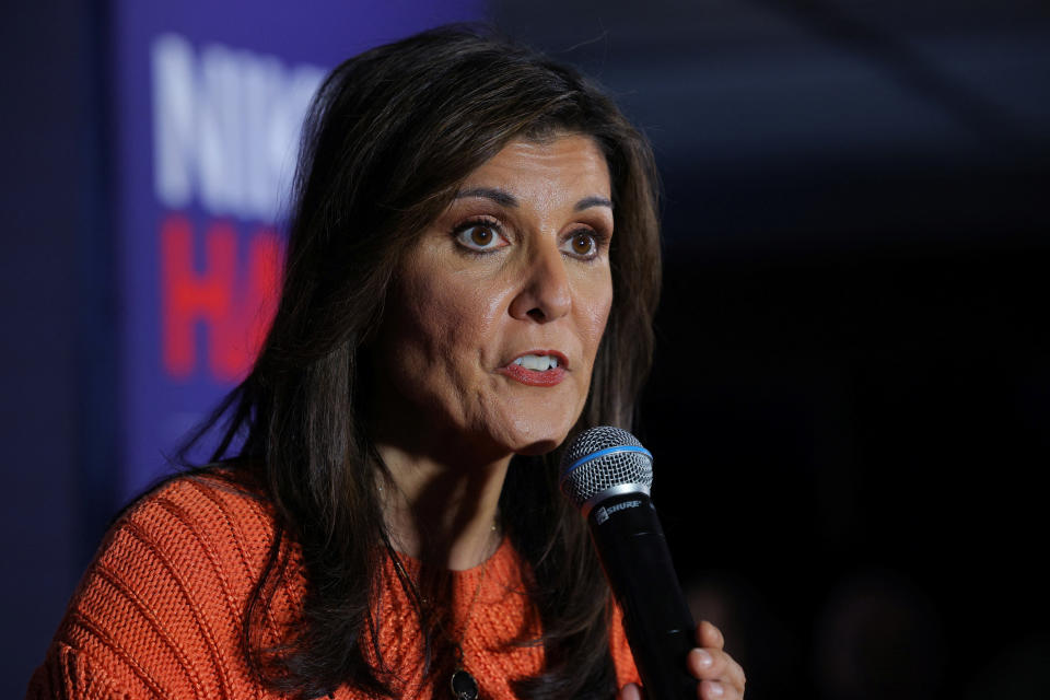 Republican presidential candidate and former U.S. Ambassador to the United Nations Nikki Haley speaks at a Get Out the Vote campaign rally ahead of the New Hampshire primary election in Franklin, New Hampshire, U.S., January 22, 2024.   REUTERS/Brian Snyder