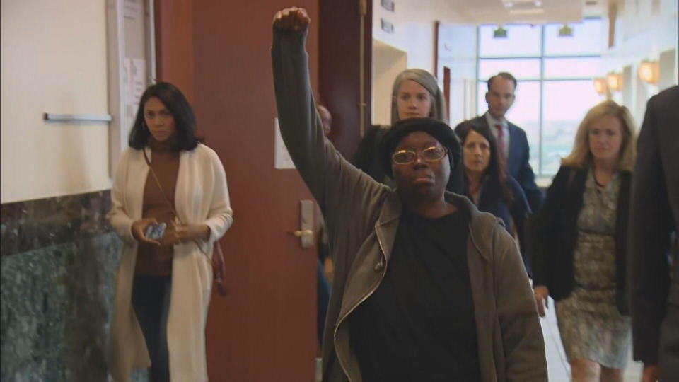 Elijah McClain's mother Sheneen McClain walks out of the courtroom after the verdict was read in the trial of two officers in her son's death.  / Credit: CBS