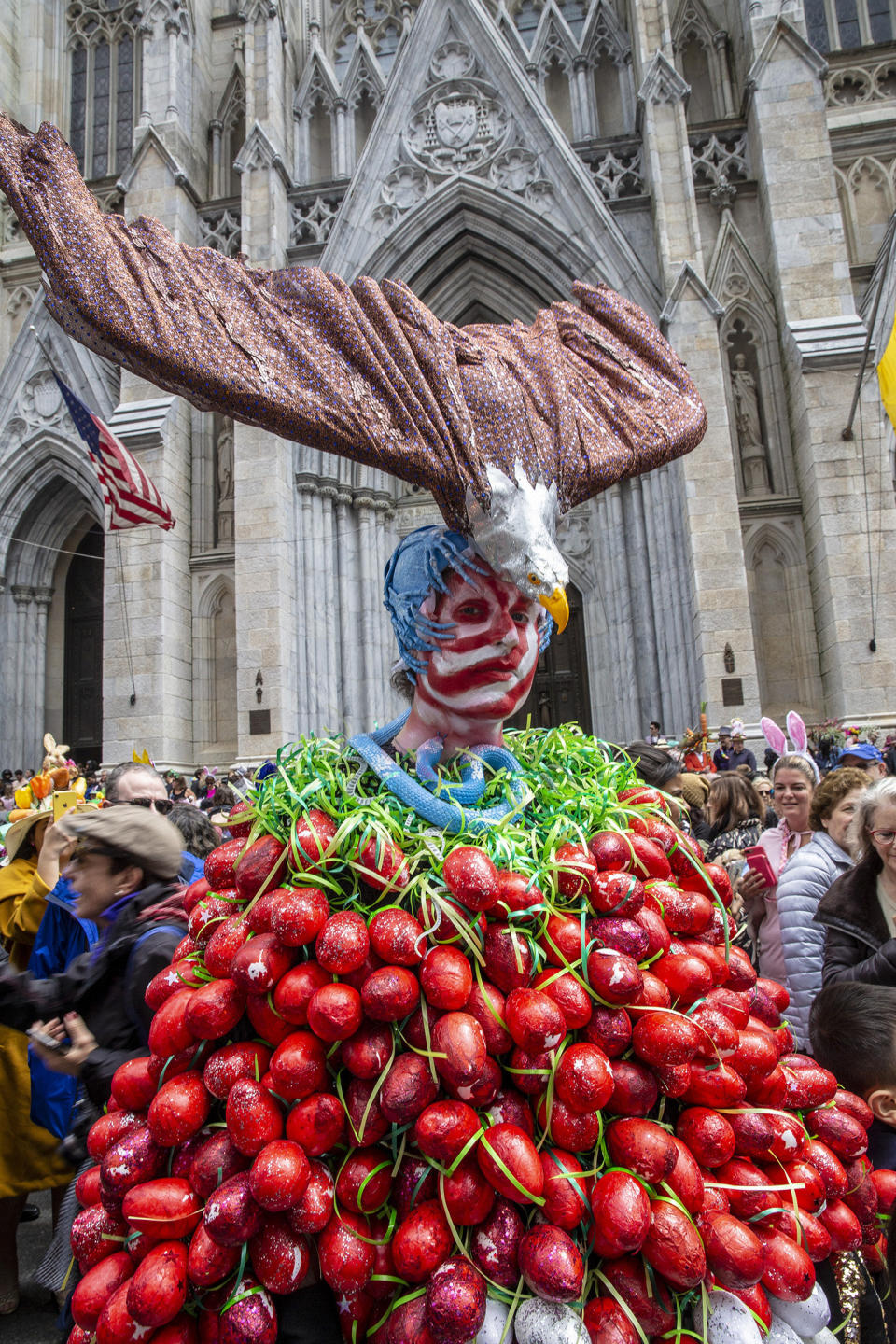 A costumed reveler marches during the Easter Parade and Bonnet Festival, Sunday, April 21, 2019, in New York. (Photo: Gordon Donovan/Yahoo News)