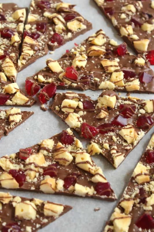 <p>Bake Play Smile</p><p>A simple no-bake bark that takes just 5 minutes to prepare (and even less to disappear).</p><p><strong>Get the recipe: </strong><a href="https://bakeplaysmile.com/christmas-shortbread-raspberry-chocolate-bark/" rel="nofollow noopener" target="_blank" data-ylk="slk:Christmas Shortbread, Raspberry & Chocolate Bark;elm:context_link;itc:0;sec:content-canvas" class="link "><strong>Christmas Shortbread, Raspberry & Chocolate Bark</strong></a></p>