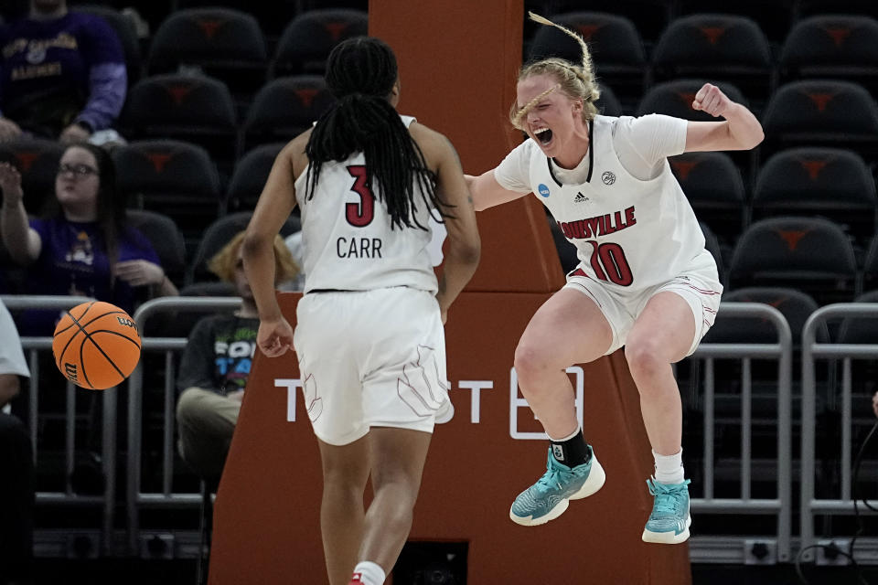 Louisville guard Hailey Van Lith (10) celebrates after scoring against against Drake during the second half of a first-round college basketball game in the NCAA Tournament in Austin, Texas, Saturday, March 18, 2023. (AP Photo/Eric Gay)