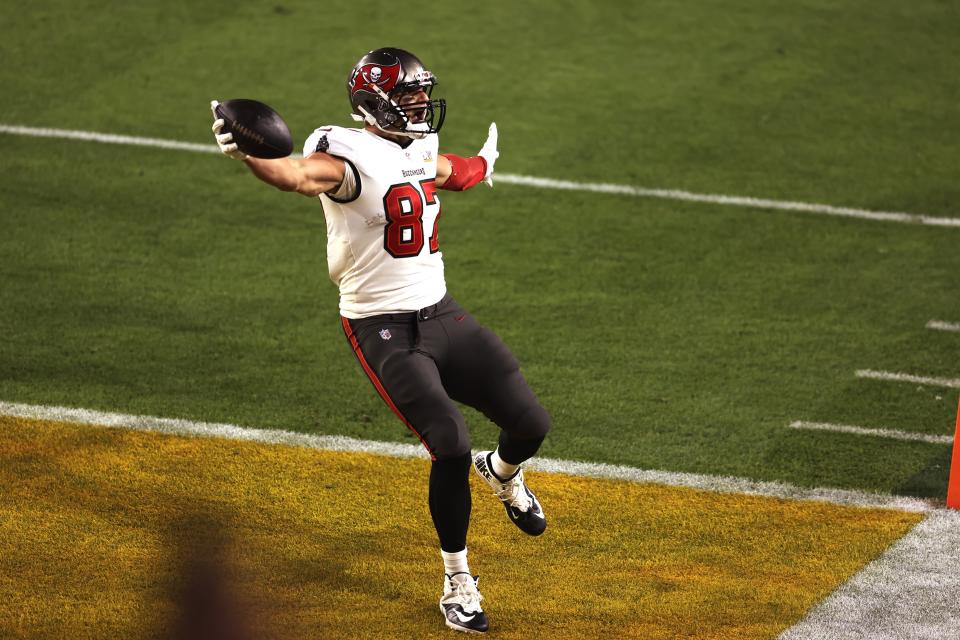 Tampa Bay Buccaneers' Rob Gronkowski reacts as he scores a touchdown during the first half of the NFL Super Bowl 55 football game against the Kansas City Chiefs, Sunday, Feb. 7, 2021, in Tampa, Fla. (AP Photo/Mark LoMoglio)