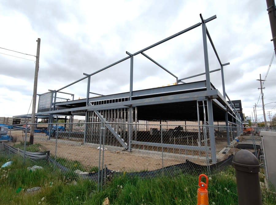 A building frame stands April 24, 2024, in place of a former Goodwill office. (NBC4 Photo/Mark Feuerborn)