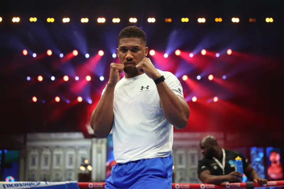  British Heavyweight boxer Anthony Joshua during the open workout as part of the Riyadh Season - Wembley Edition card at Odeon Luxe Leicester Square on September 18, 2024 in London, England. (Photo by Mark Robinson/Matchroom Boxing/Getty Images)