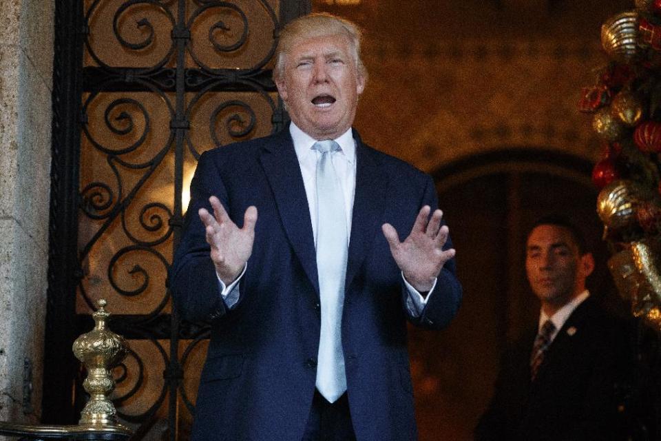 President-elect Donald Trump speaks to reporters at Mar-a-Lago, Wednesday, Dec. 28, 2016, in Palm Beach, Fla. (AP Photo/Evan Vucci)