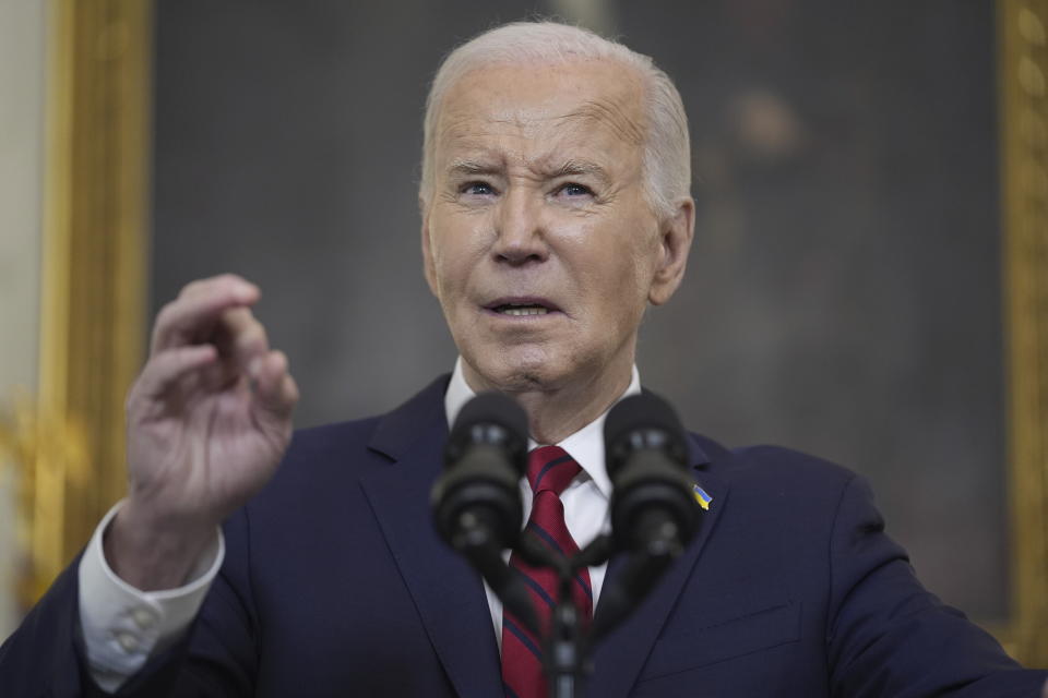 President Joe Biden speaks before signing a $95 billion Ukraine aid package that also includes support for Israel, Taiwan, and other allies, in the State Dining Room of the White House, Wednesday, April 24, 2024, in Washington. (AP Photo/Evan Vucci)