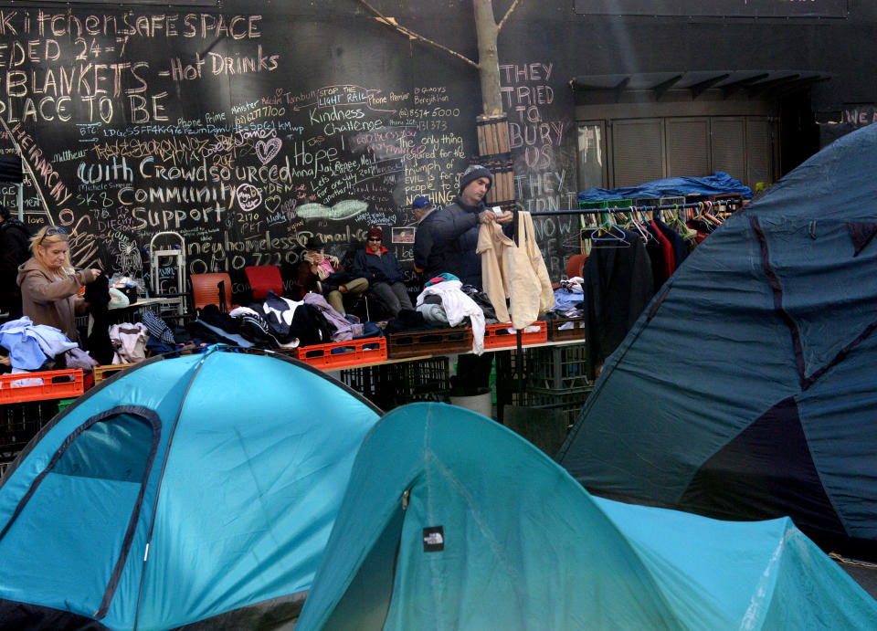 Pictured: Homeless shelters in Martin Place in Sydney's Central Business District, in August, 2017. Dozens of tents have been erected since December with the number continuing to grow despite attempts by authorities to move people on. (AAP Image/ Jeremy Piper) 