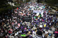 People march in a "Save Obamacare" rally on the seventh anniversary of Obamacare's signing, in Los Angeles, California, U.S. March 23, 2017. REUTERS/Lucy Nicholson