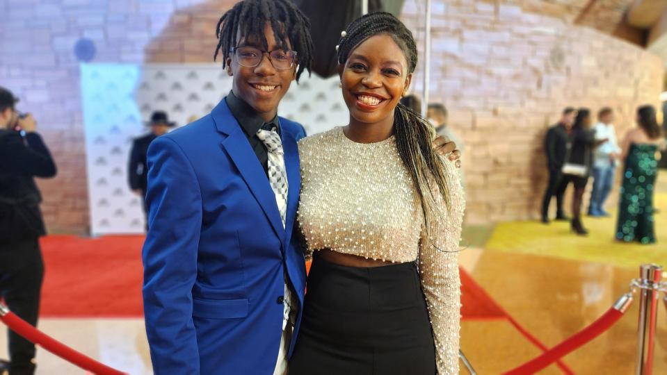 Deetrice Peoples stands on the red carpet with her son, Rashar Steward, a local student who played young Samuel in the movie "What Remains," at its premiere Thursday night at the Globe-News Center for the Performing Arts in downtown Amarillo.