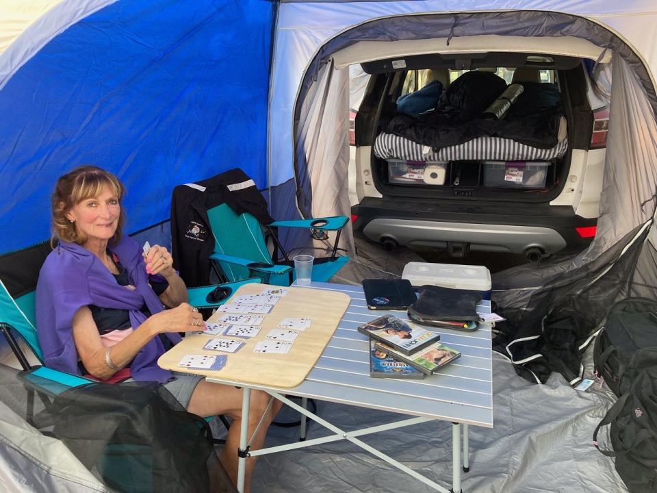 Tim's wife Susan appreciates the extra room in Napier Backroadz tent, and can still sleep in back of our SUV.