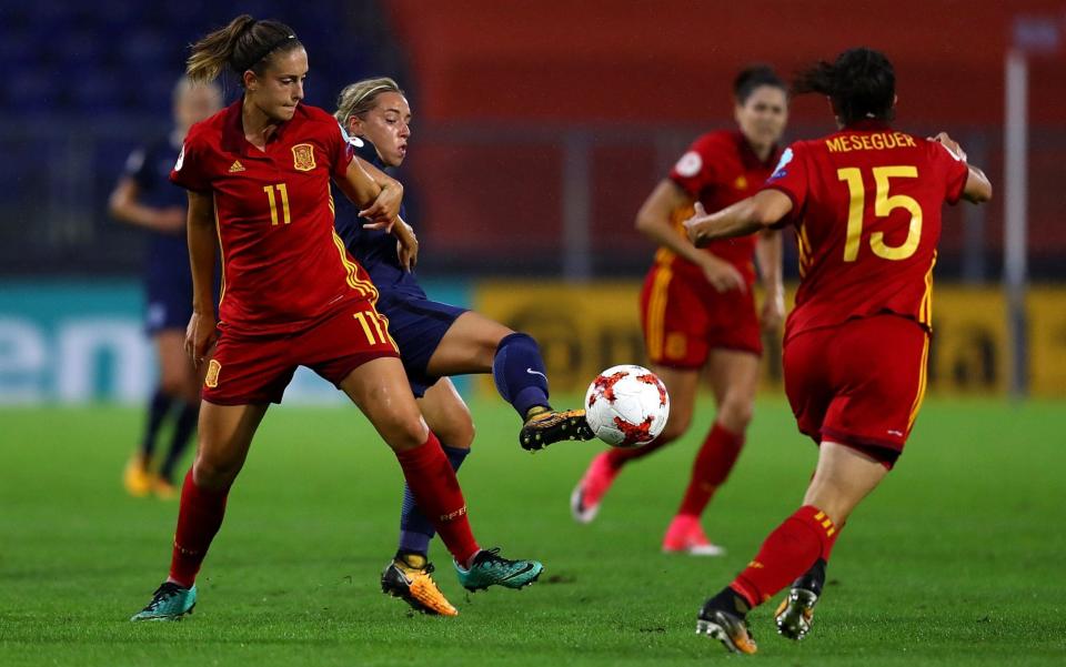 Alexia Putellas of Spain is tackled by Jordan Nobbs - Credit: GETTY IMAGES