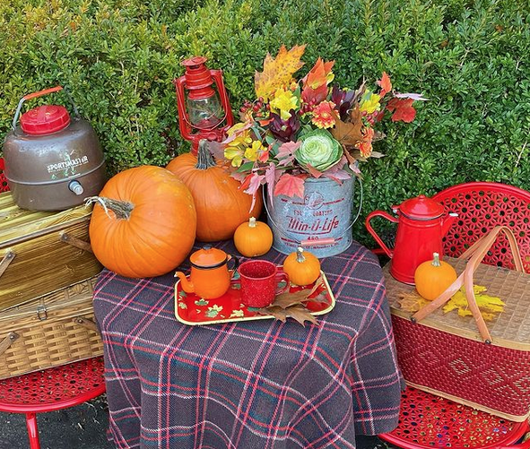 Fall picnic ideas: Set up a fall themed outdoor vignette at your picnic with a tea or sweets 