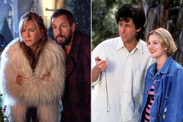 Scott Yamano/Netflix; Mary Evans/NEW LINE CINEMA/Ronald Grant/Everett Collection Jennifer Aniston and Adam Sandler in the <em>Murder Mystery</em> films; Adam Sandler and Drew Barrymore in <em>The Wedding Singer</em> (1998)